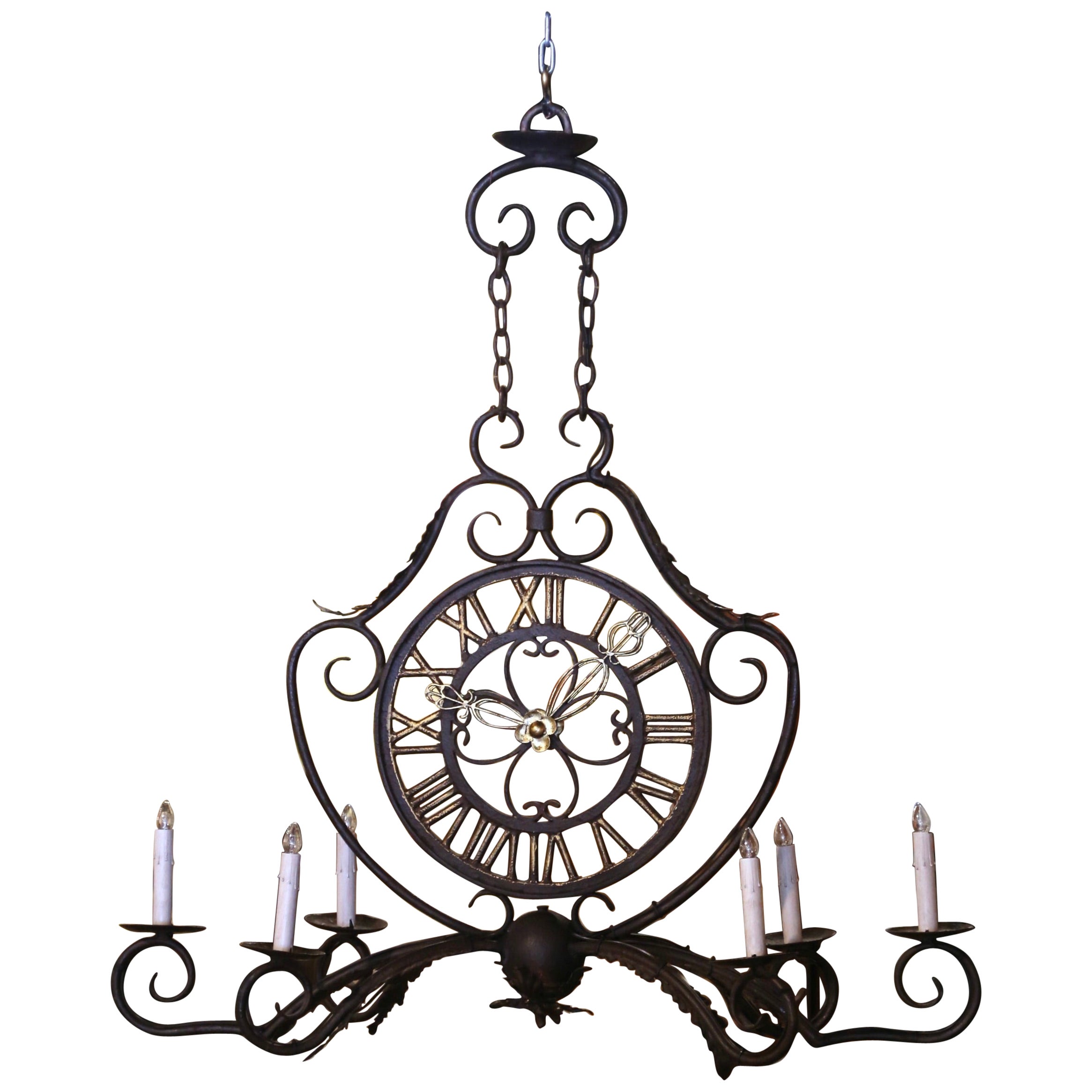 Early 20th Century French Painted Iron Six-Light Clock Chandelier For Sale