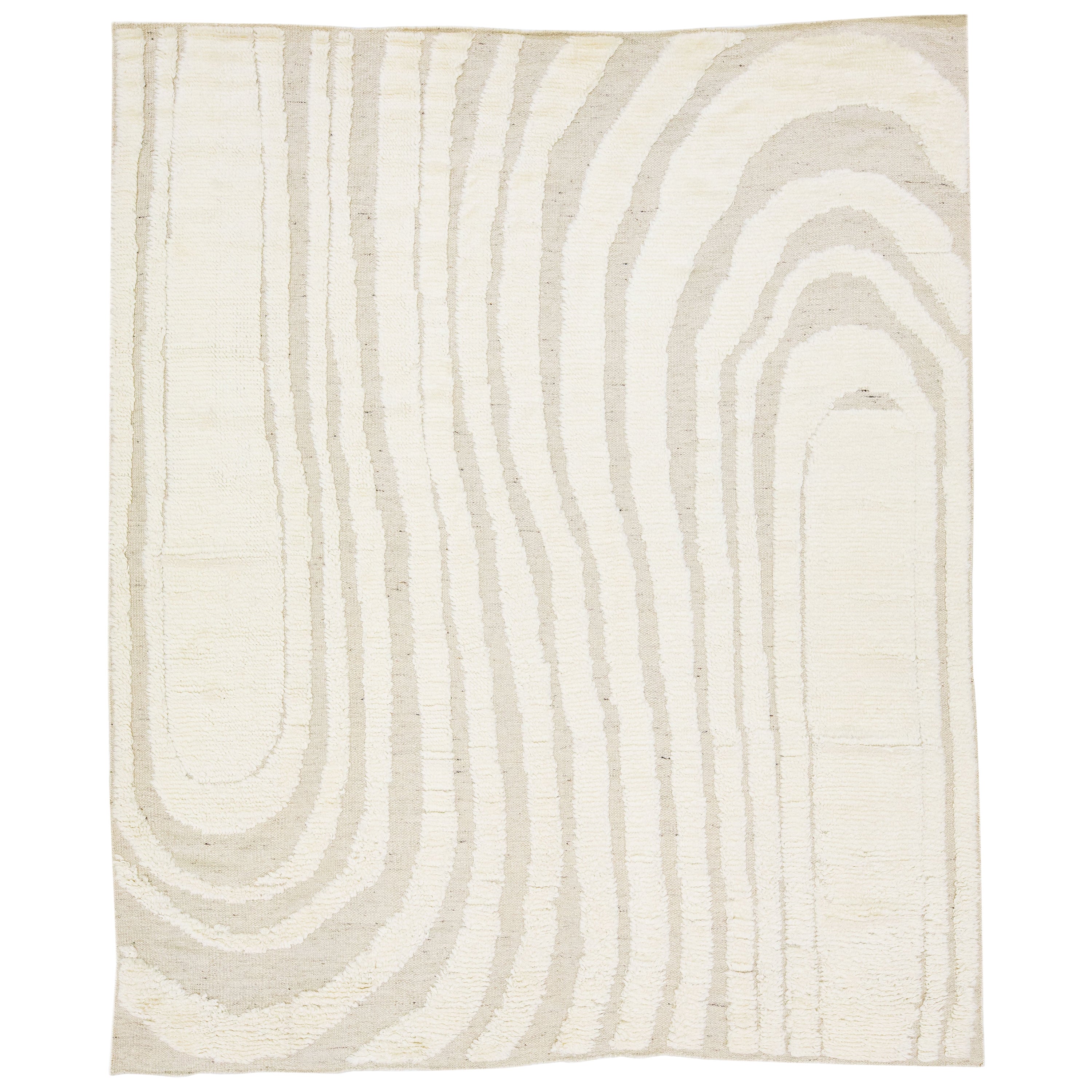Contemporary Moroccan Style Wool Rug In Ivory With Abstract Design