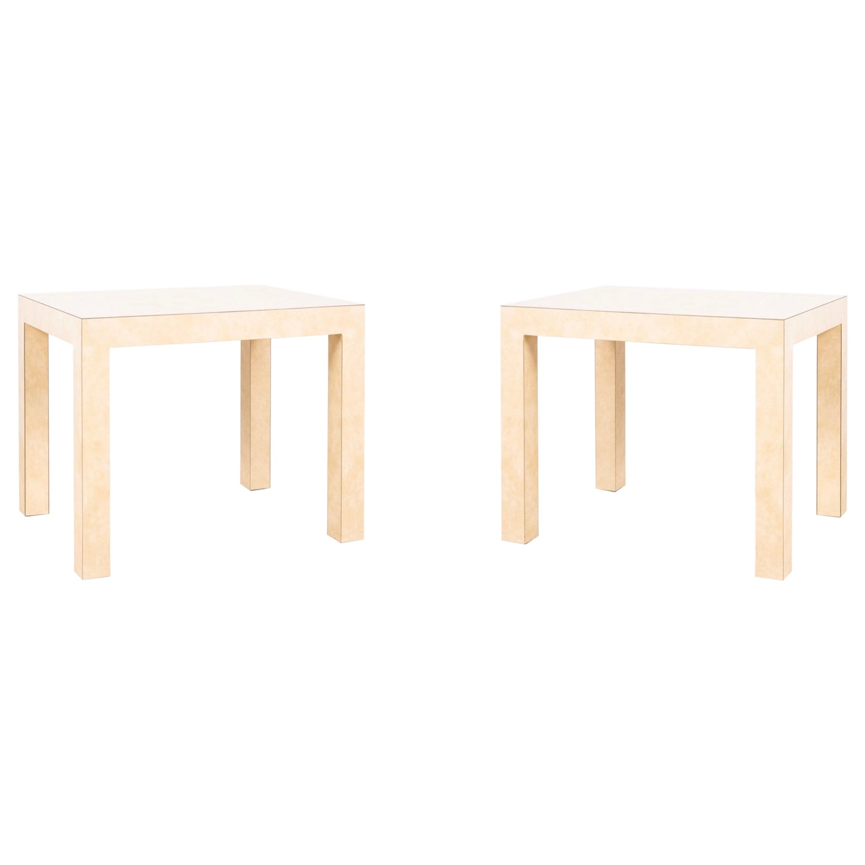 Pair of Chic Parsons Cream Parchment Laminate End Tables or Night Stands For Sale