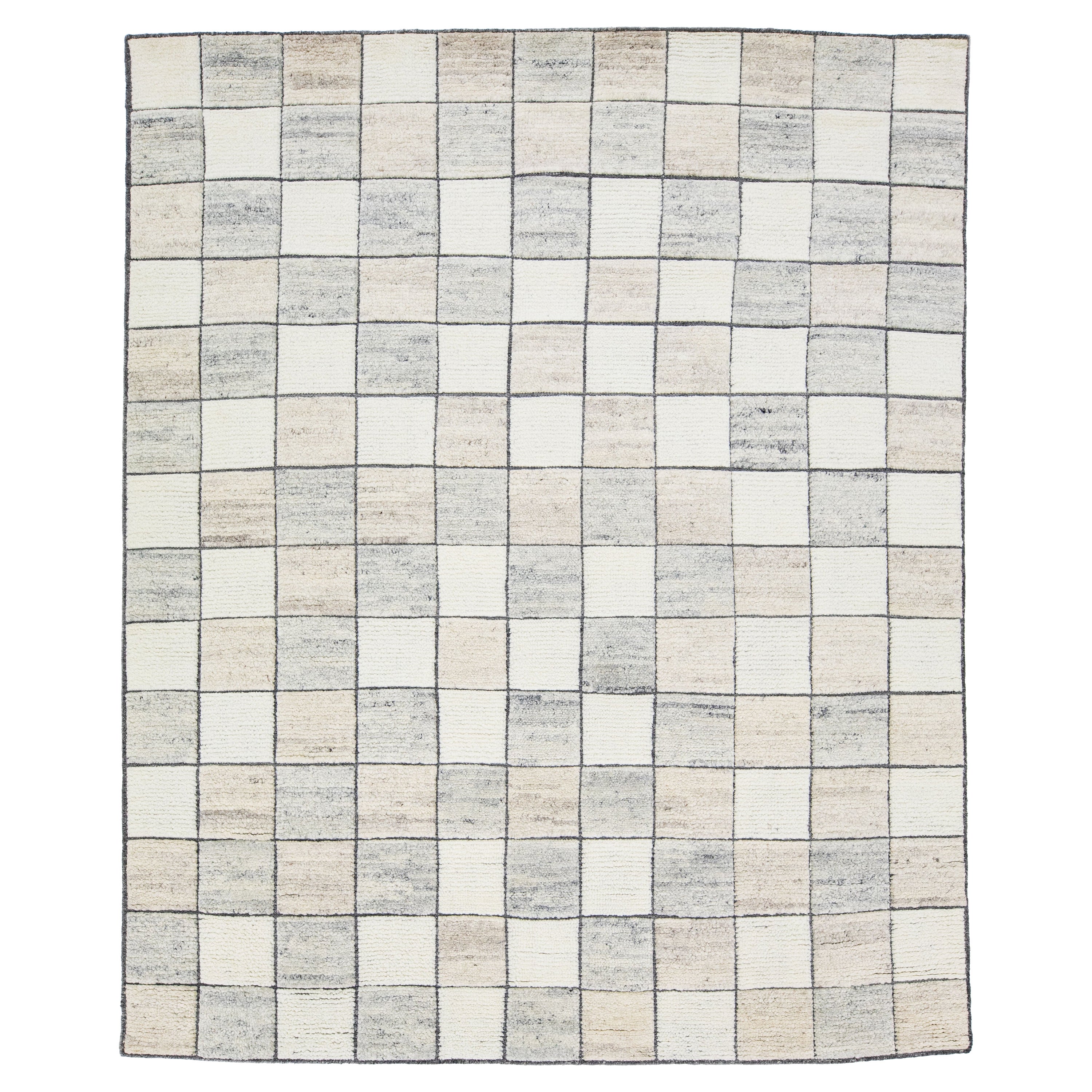 Modern Moroccan Style Wool Rug With Muted Tones Checker Design