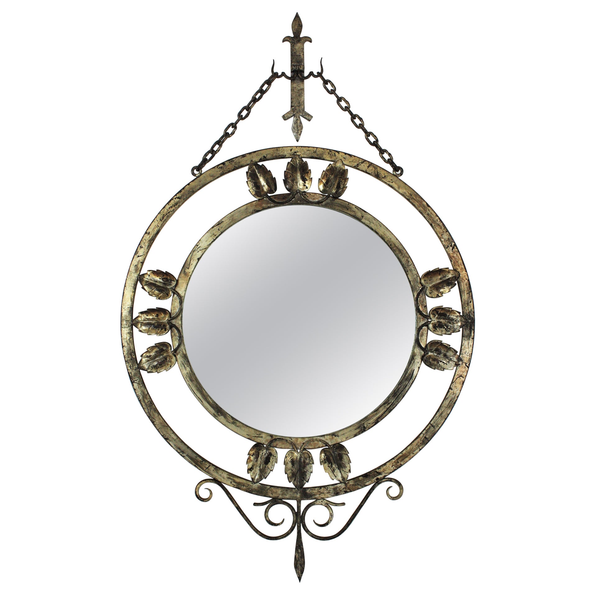 Gilt Silvered Wall Mirror with Foliage Details, Hand Forged Iron, France, 1940s