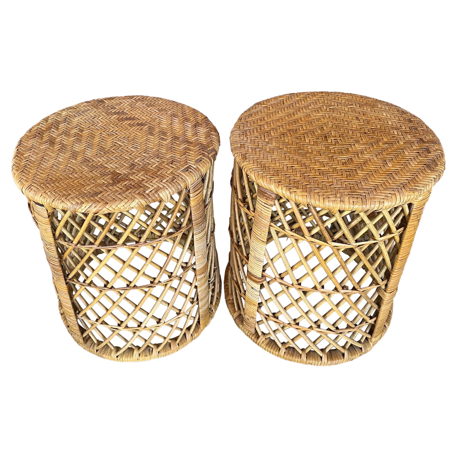 Vintage Palm Beach Pair of Woven Rattan & Bamboo Drum Stools Benches 