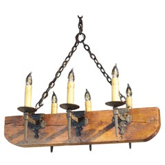 Vintage Mid 1900s French Oak Beam and Wrought Iron 6-Light Chandelier