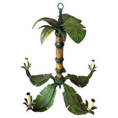 Vintage Palm Beach Tropical Metal Tole Palm Tree Leaf leaves 5 Light Chandelier 
