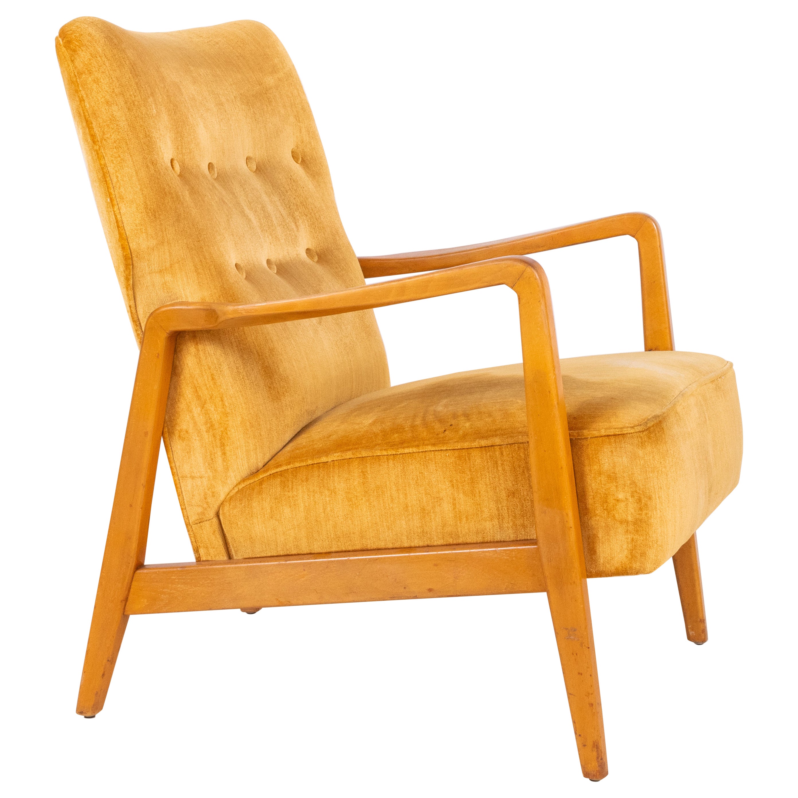 Yellow Velvet American Midcentury Armchair in the style of Jens Risom For Sale