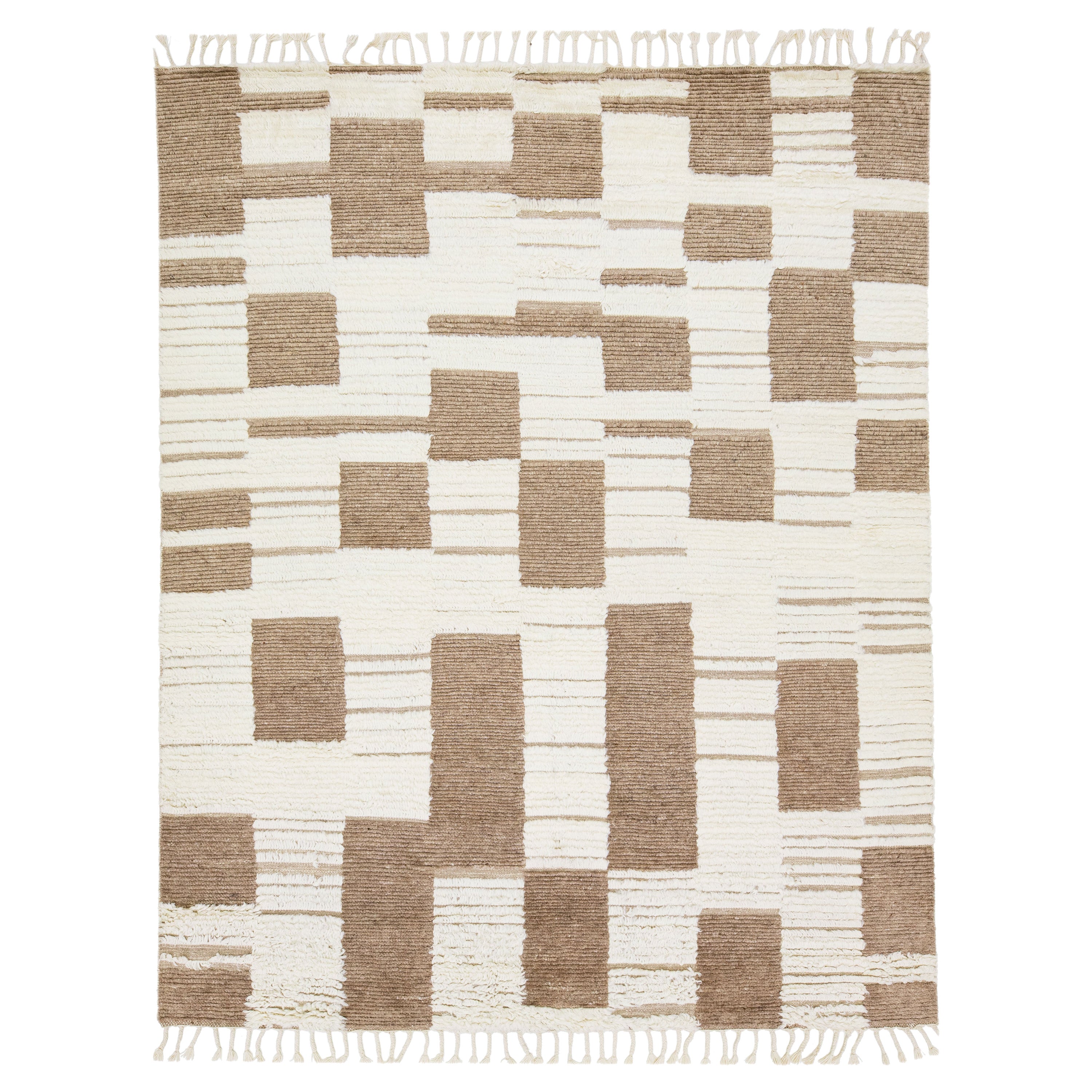 Modern Beige And Brown Wool Rug Abstract Moroccan Style  For Sale