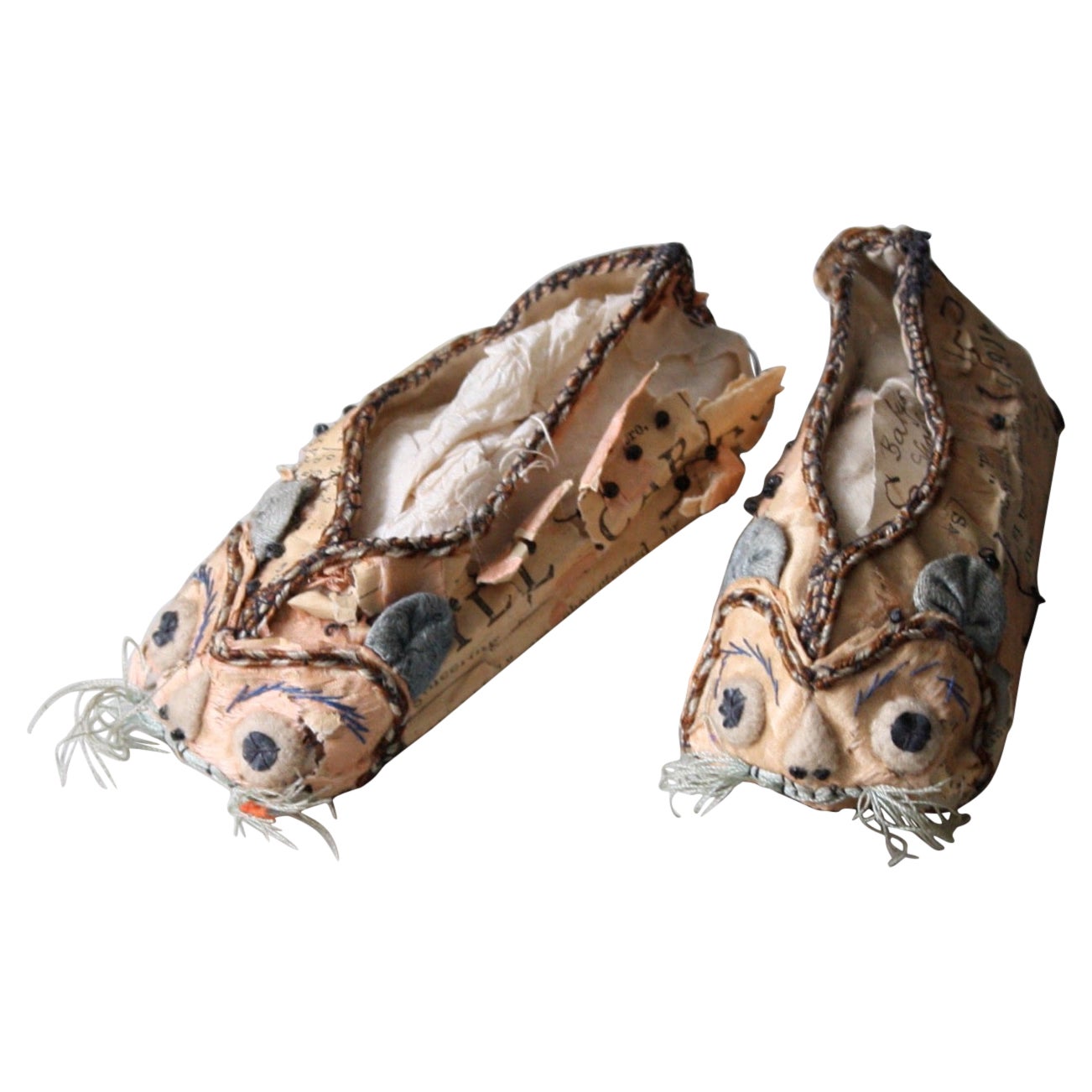 19th Century Chinese Paper & Silk Embroidered Child's Shoes Slippers For Sale