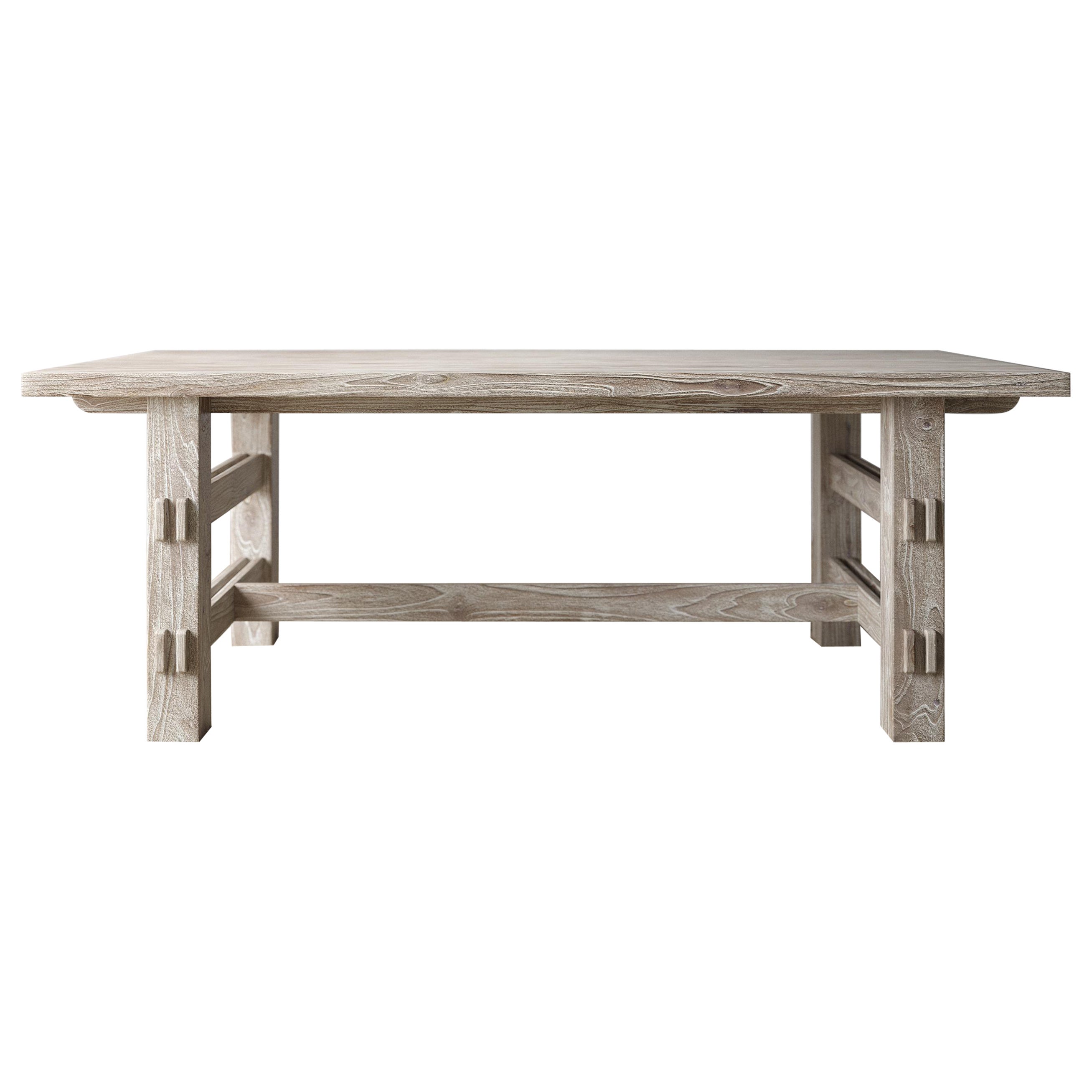 Solid 2" Teak Modern Rustic Dining Table in Sandblasted Sun Bleached Finish For Sale