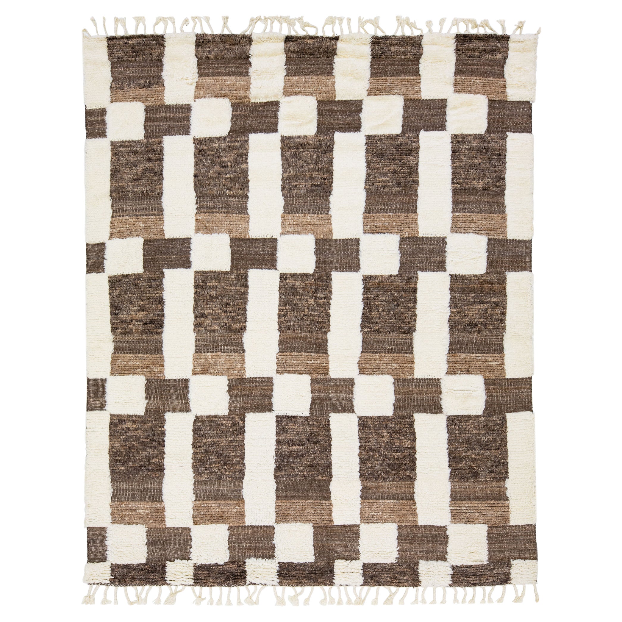 Modern Moroccan Style Wool Rug With Seamless Abstract Design In Brown