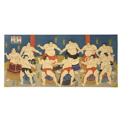 Vintage Tokoyuni III Kunisada Japanese Woodblock Print Dohyo-Iri Sumo Entering the Ring