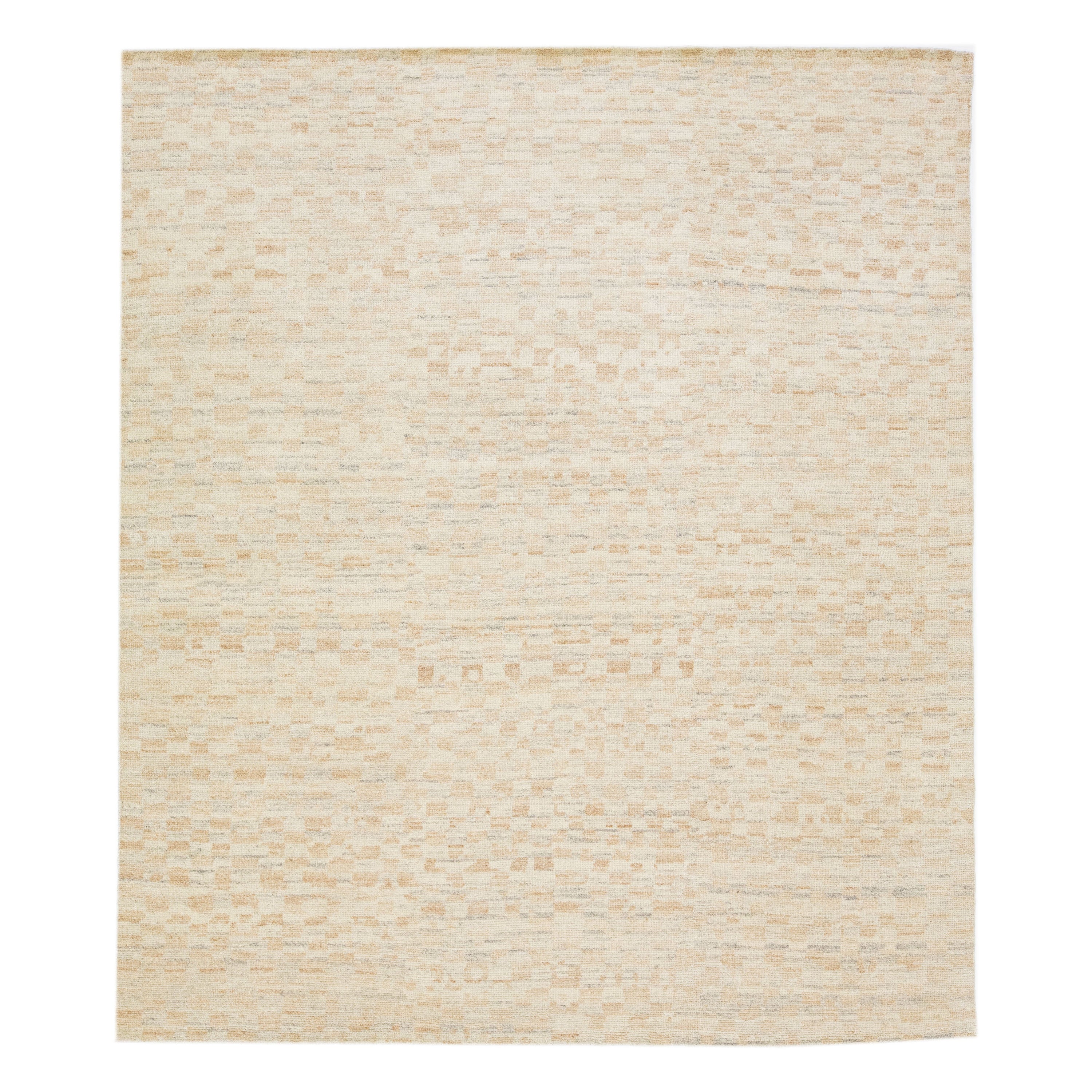 Modern Handmade Moroccan Style Wool Rug With Allover Motif In Beige