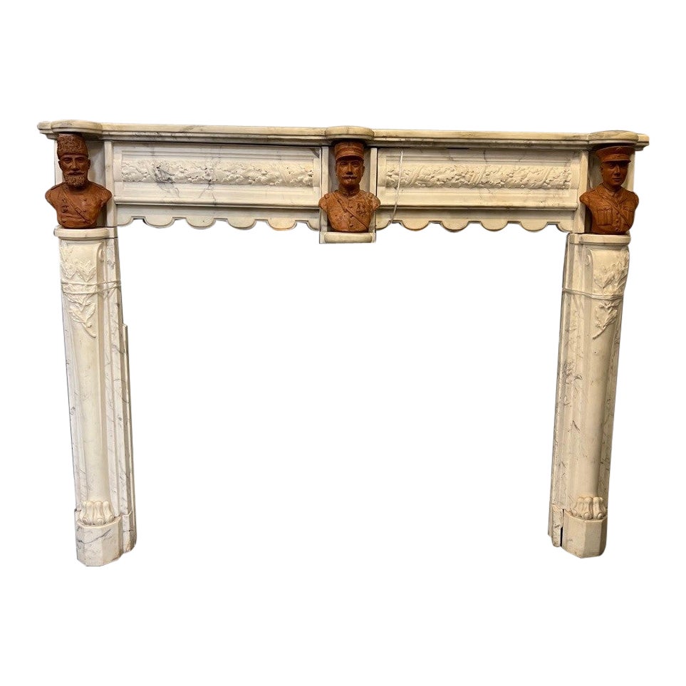 Antique Carrara Marble Fireplace Mantel with Three Terracotta Busts       For Sale