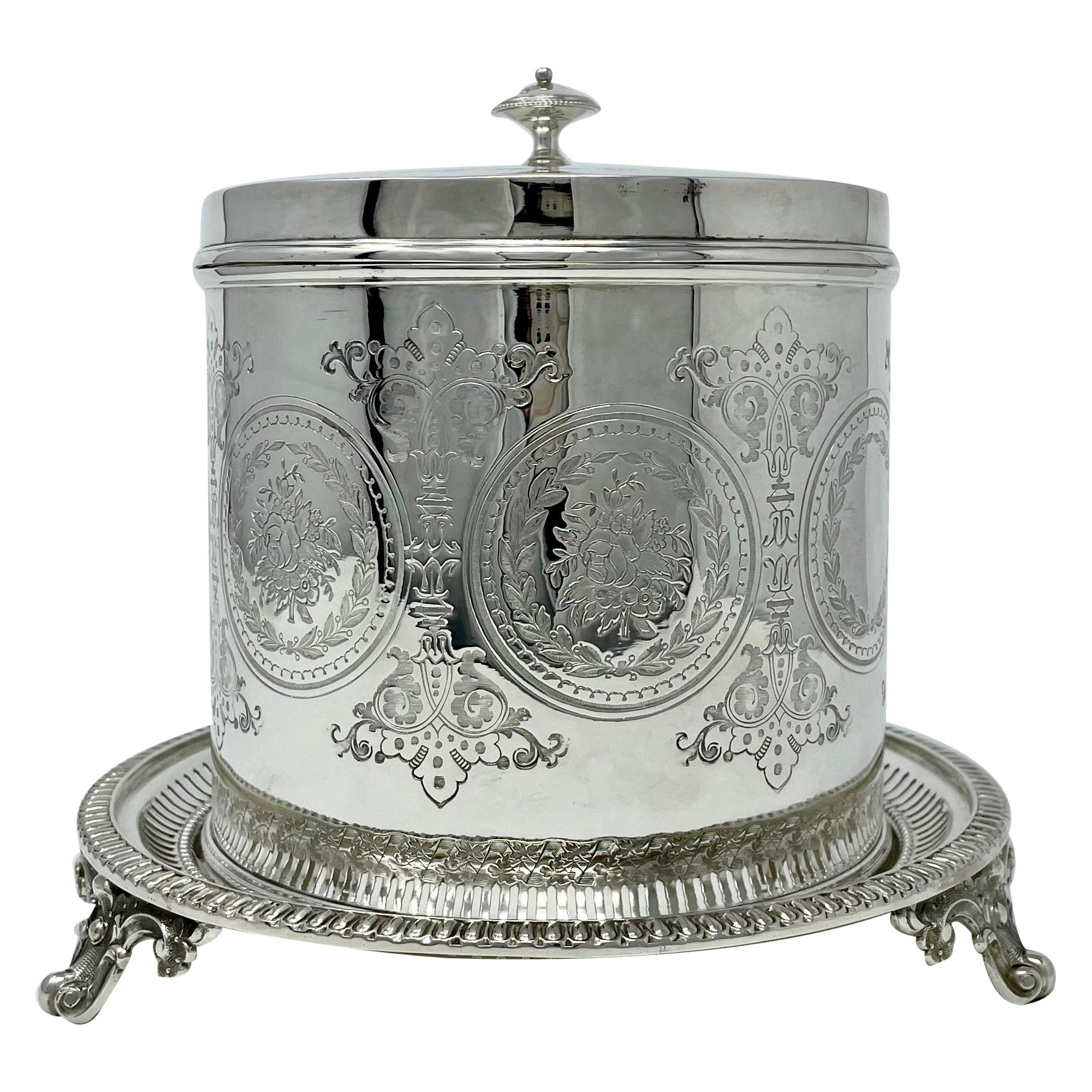 Antique English Silver Plate Biscuit Box, circa 1880 For Sale