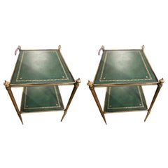 Paar Tische aus Messing und grünem Leder von Maison Bagues aus dem 19. Jahrhundert