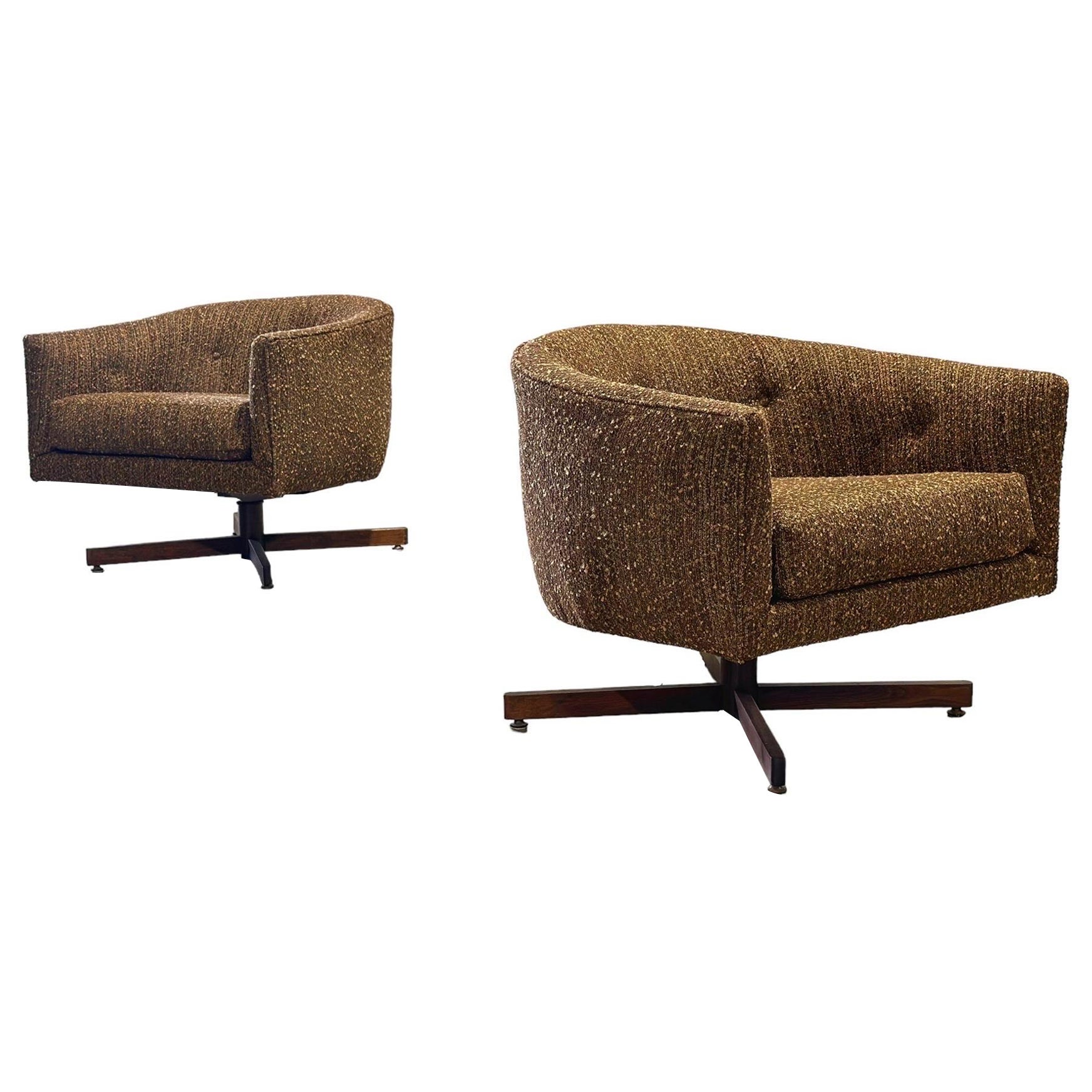 Milo Baughman Swivel + Tilt Barrel Lounge Chairs - Midcentury - Walnut Bases For Sale