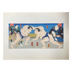 Retro Tokoyuni III Kunisada Japanese Woodblock Print Sumo Match Shiranui vs Jimmaku