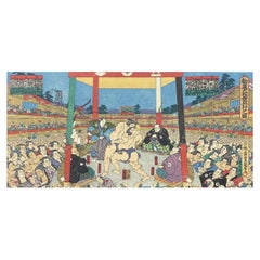 Tokoyuni III Kunisada Stampa xilografica giapponese Lotta di Sumo per beneficenza