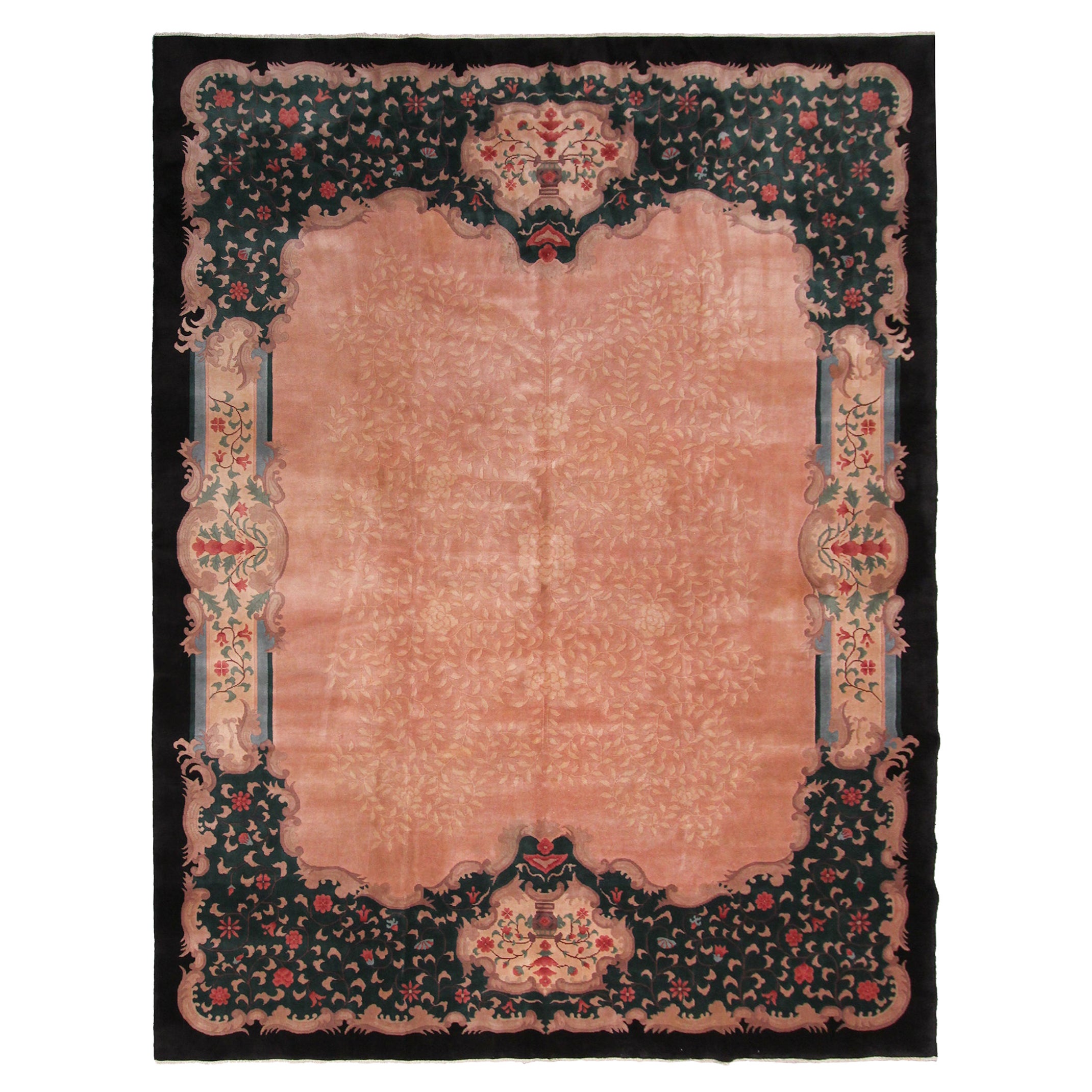 Vintage Art Deco Rug Handmade Chinese Rug Pink Wool Carpet 269cm x 351cm 9x12 For Sale
