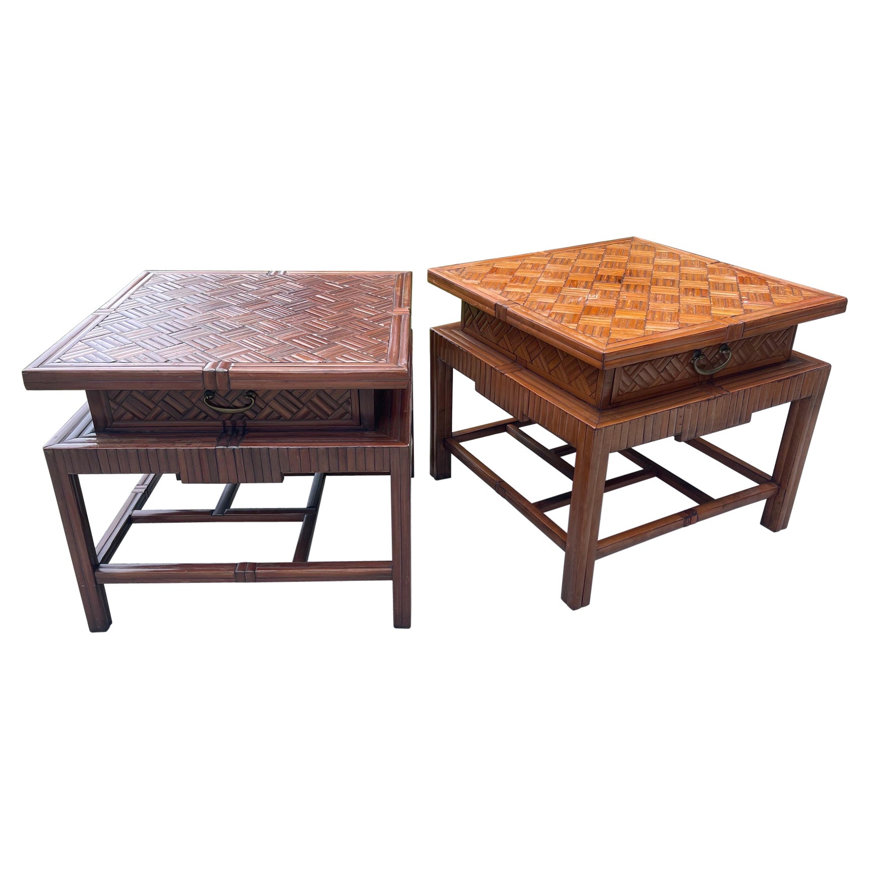1940s Korean Bamboo Pagoda Side Tables or Nightstands with Drawers, a Pair
