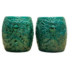 Vintage Boho Glazed Ceramic Dragon Stools - a Pair