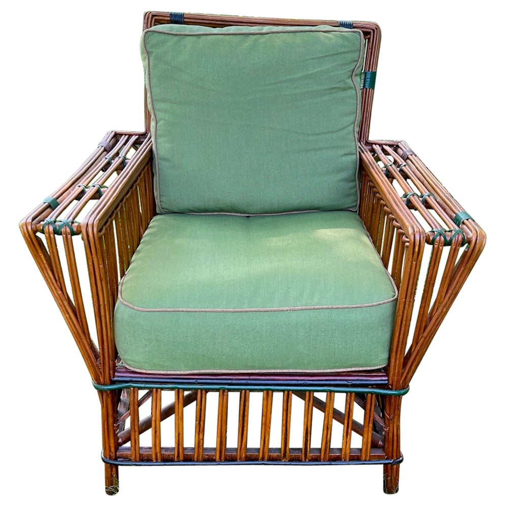 Antique Rattan / Stick Wicker Arm Chair in Natural Finish with Colored Trim For Sale