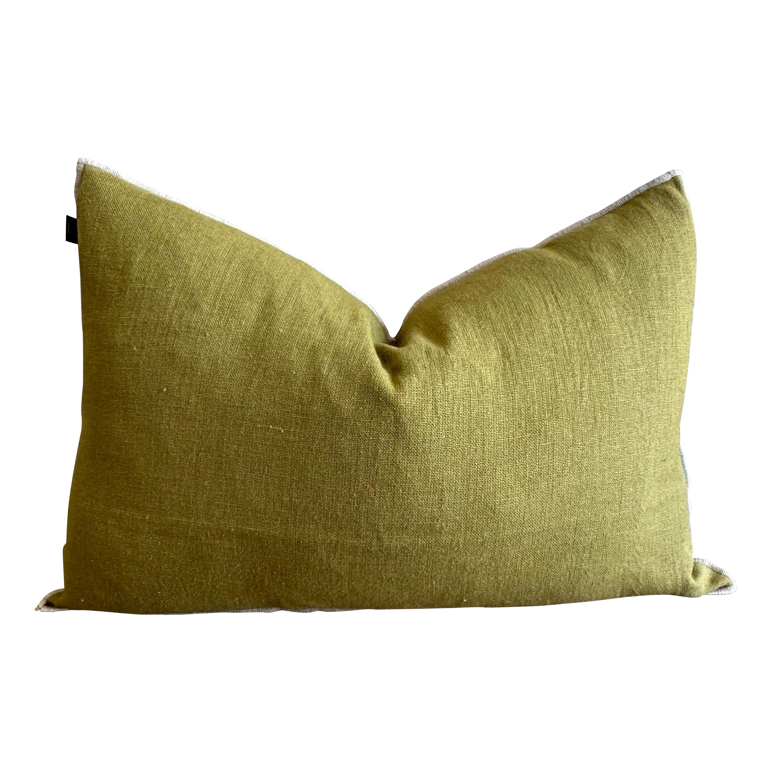 French Olive Linen Lumbar Pillow with Down Feather Insert For Sale