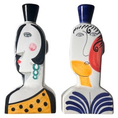 Spanish Cubist figurative “Face” candlesticks, signed by artist, 20th century