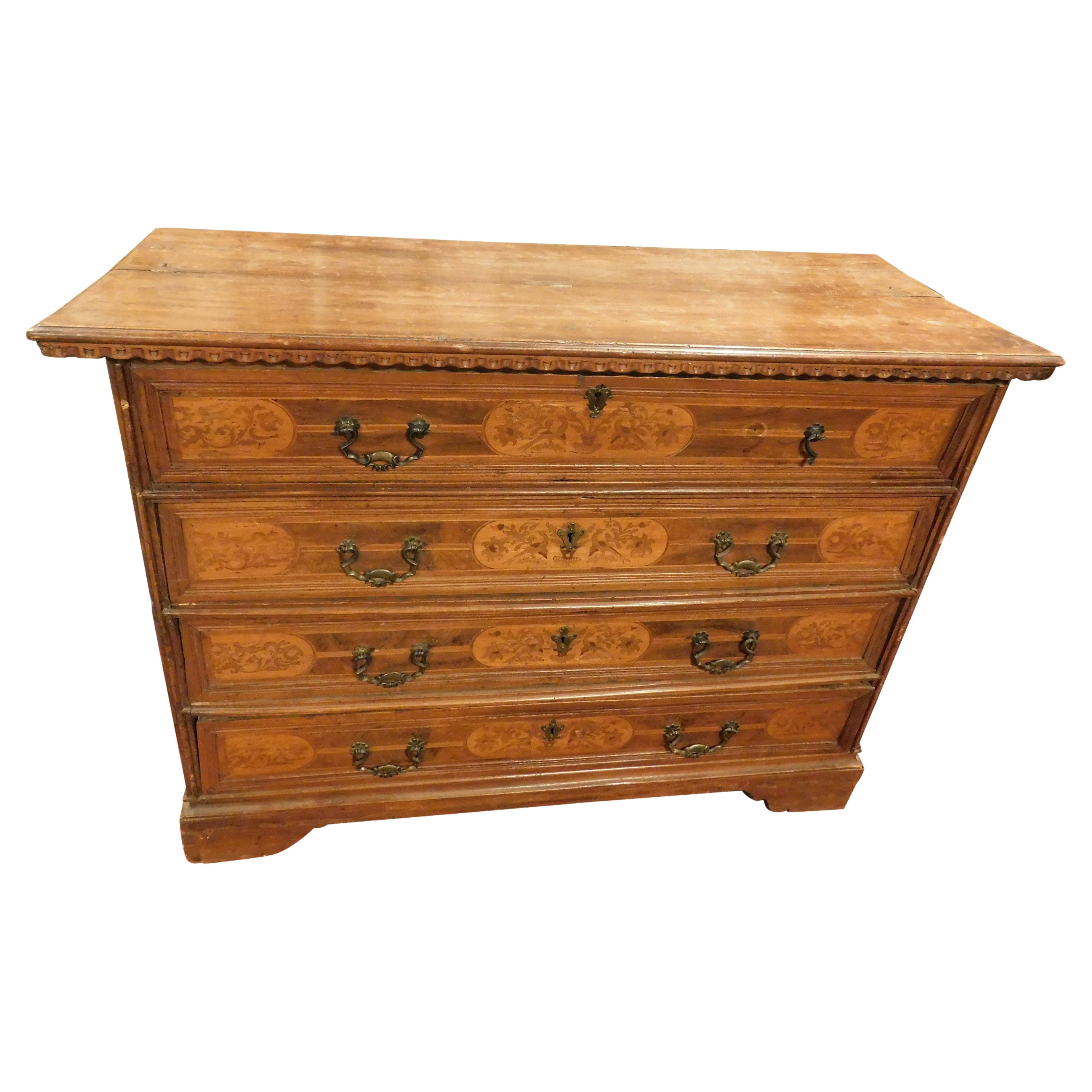 Chest of drawers / Flap in walnut inlay with three drawers, Italy For Sale