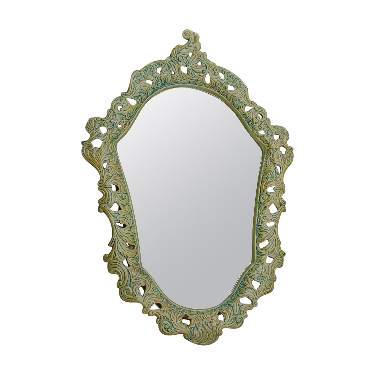 Green Wall Mirror in Pop Art Baroque Ceramic 1950s Made in Italy  For Sale