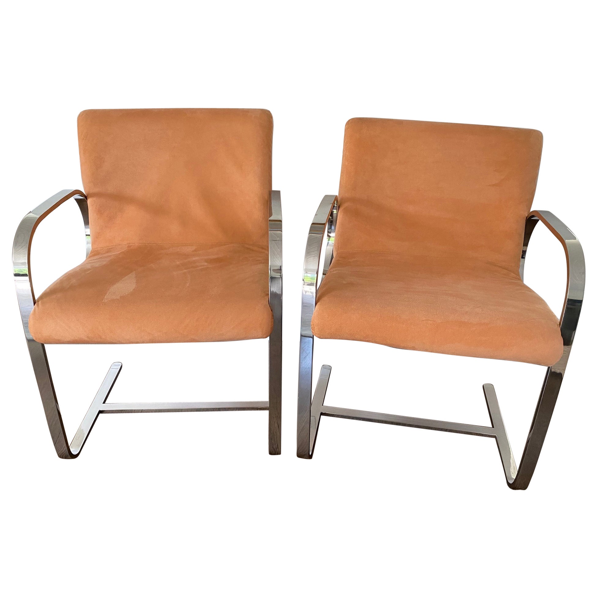 Pair of Mid Century Modern Milo Baughman Style Chrome & Ultrasuede Club Chairs For Sale