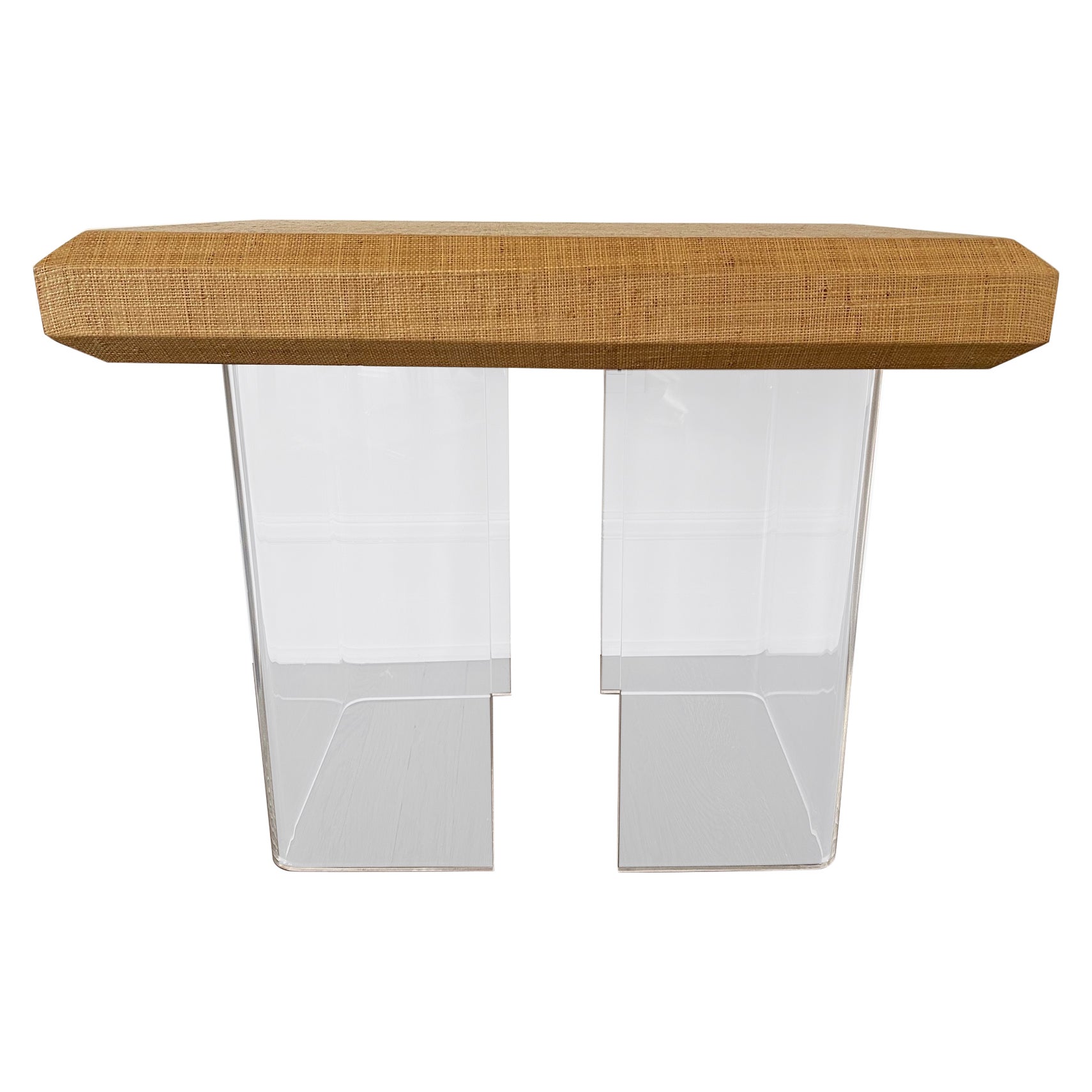  Chic Mid Century Modern Lucite & Laminated Raffia Table For Sale