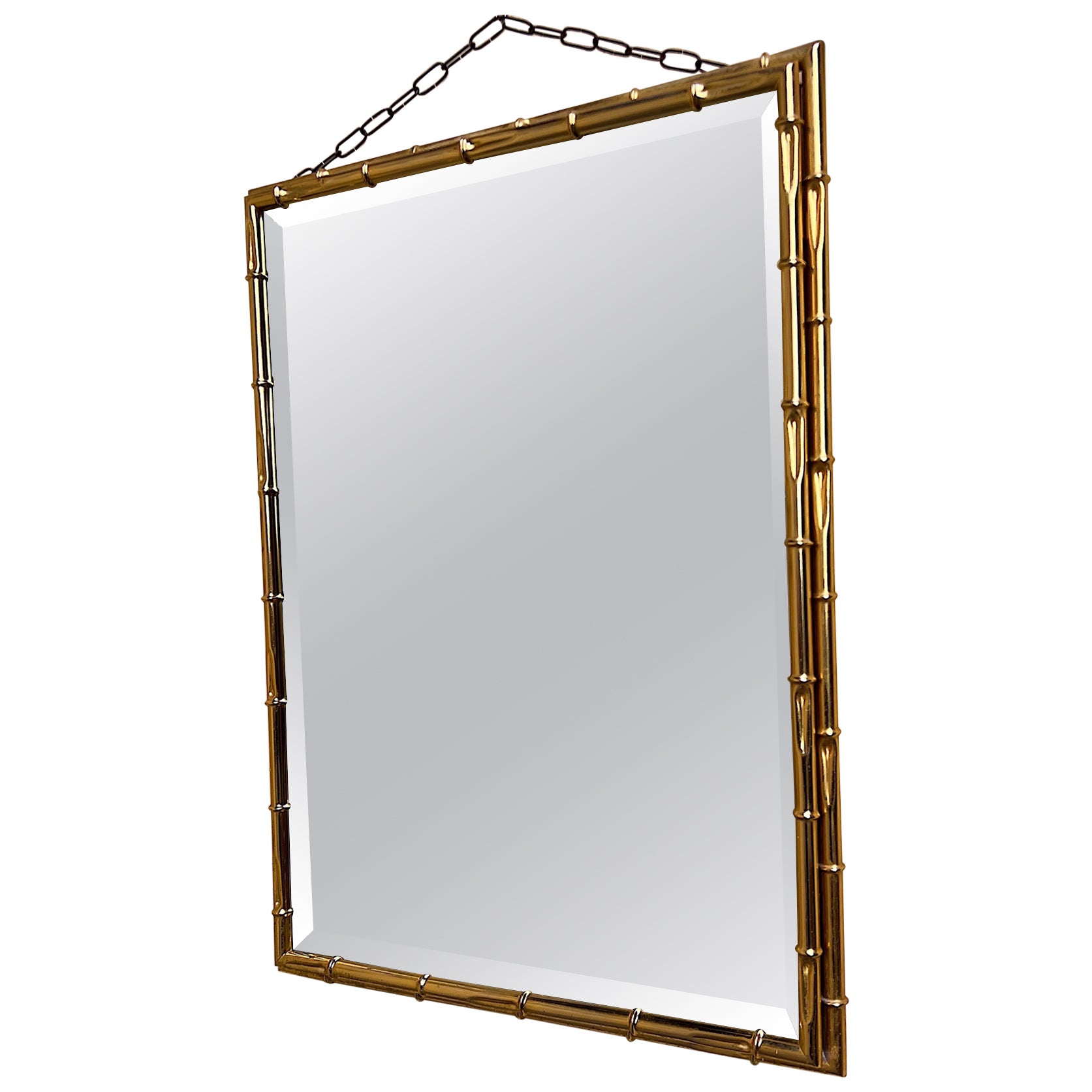 1970s wall mirror with a bamboo-effect gilded metal frame.  For Sale