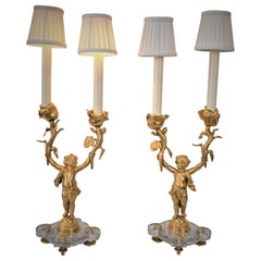 Pair of Dore Bronze Crystal Candelabra Table Lamps 