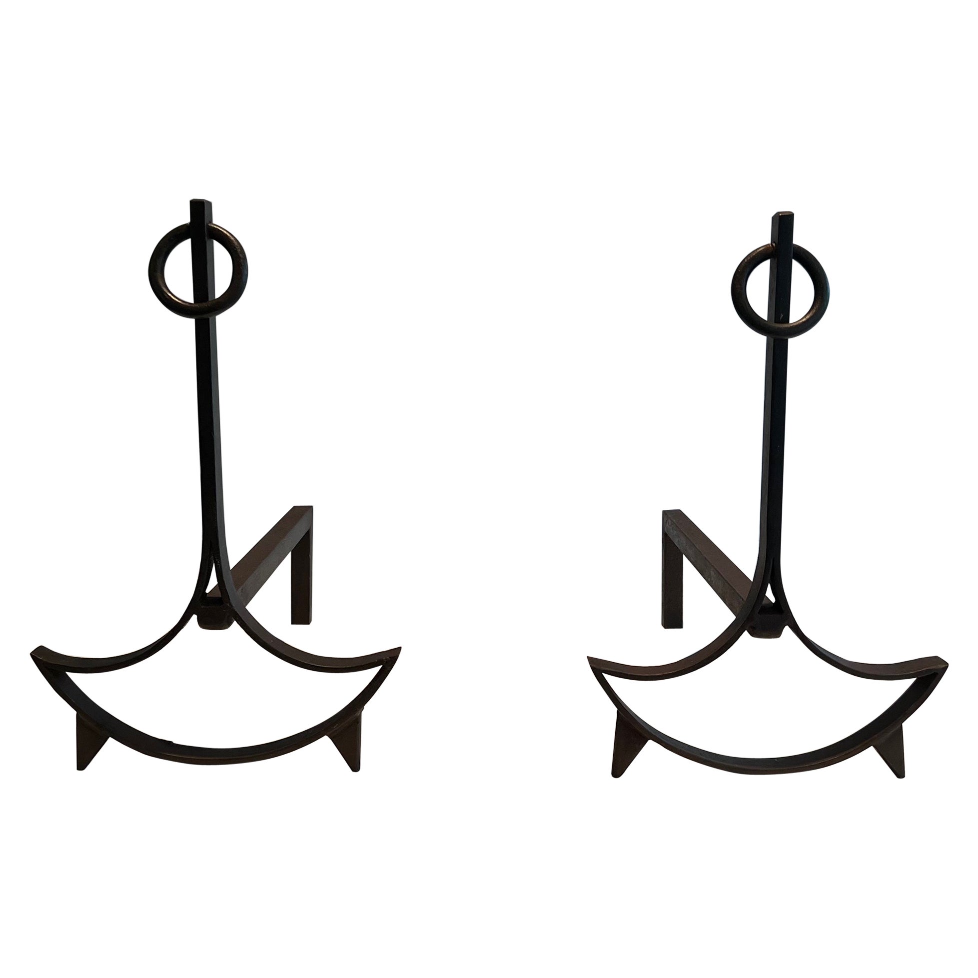 Pair of Modernist Wrought Iron Andirons For Sale