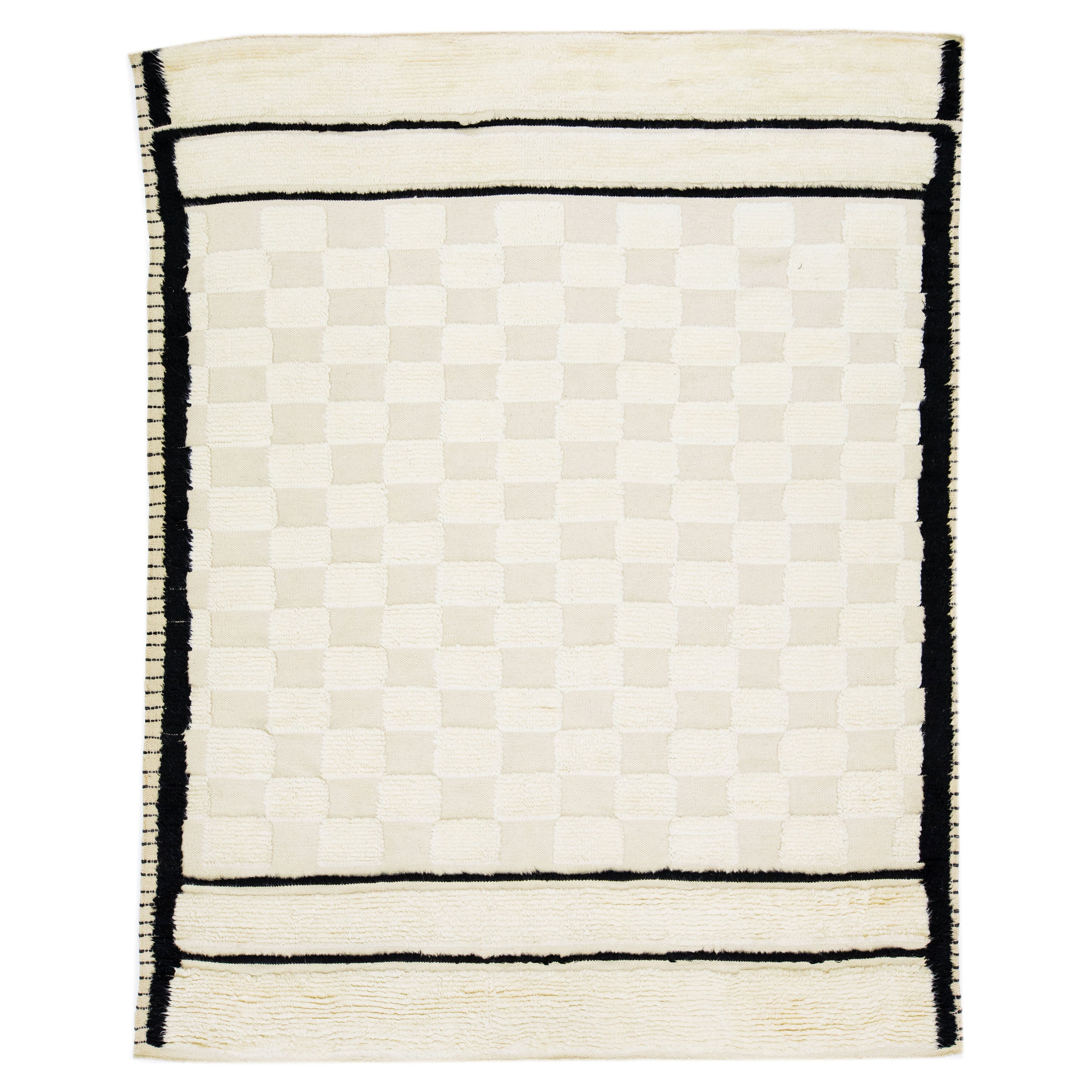 Ivory Modern Moroccan Style Handmade Wool Rug With Checker Design For Sale