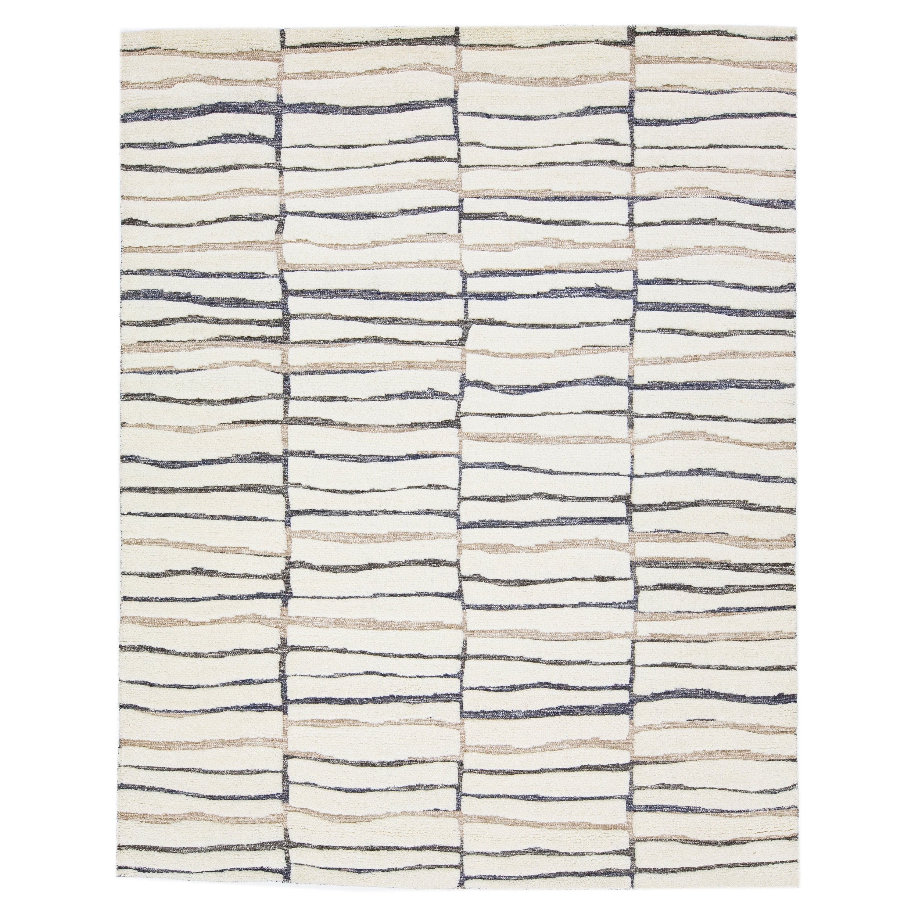 Handmade Moroccan Style Modern Wool Rug With Abstract Motif In Ivory