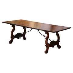 Spanish Baroque Carved Walnut and Burl Dining Trestle Table with Iron Stretcher