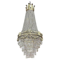Antique French Neoclassical Sack of Pearls Bronze & Crystal Chandelier