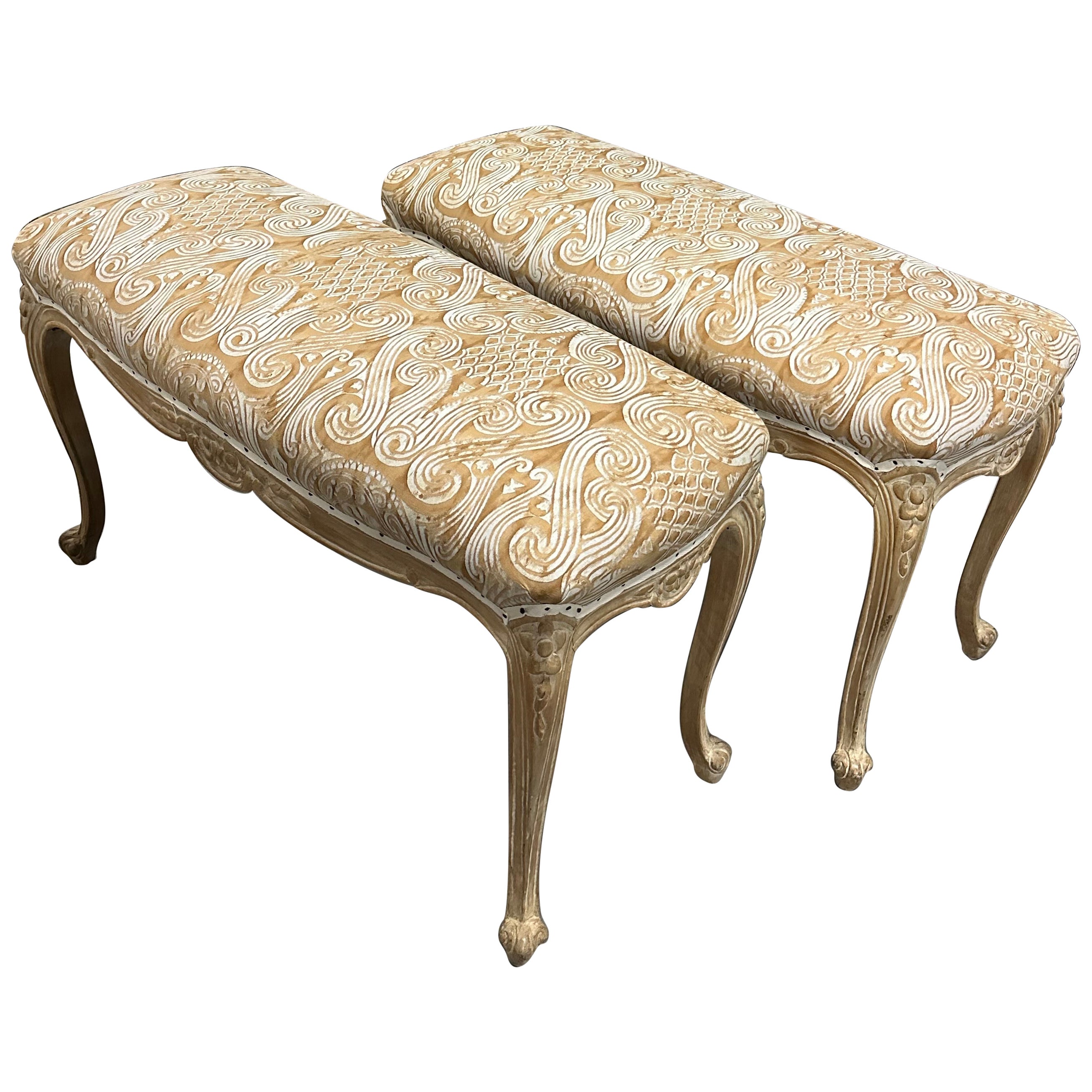 Early 20th Century Pair of French Carved Benches With Antique Fortuny Fabric For Sale