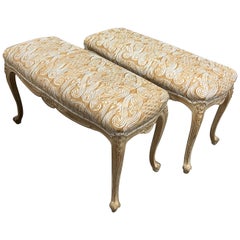 Early 20th Century Pair of French Carved Benches With Antique Fortuny Fabric