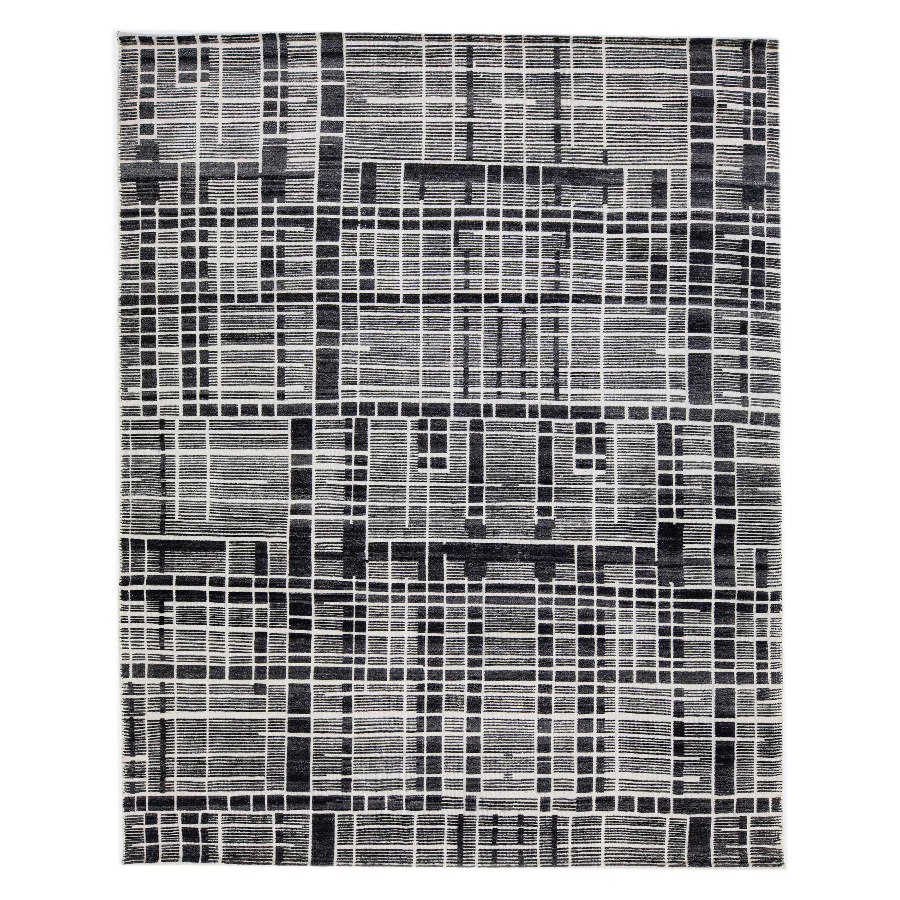 Moderner abstrakter handgefertigter Wollteppich im marokkanischen Stil in Grau