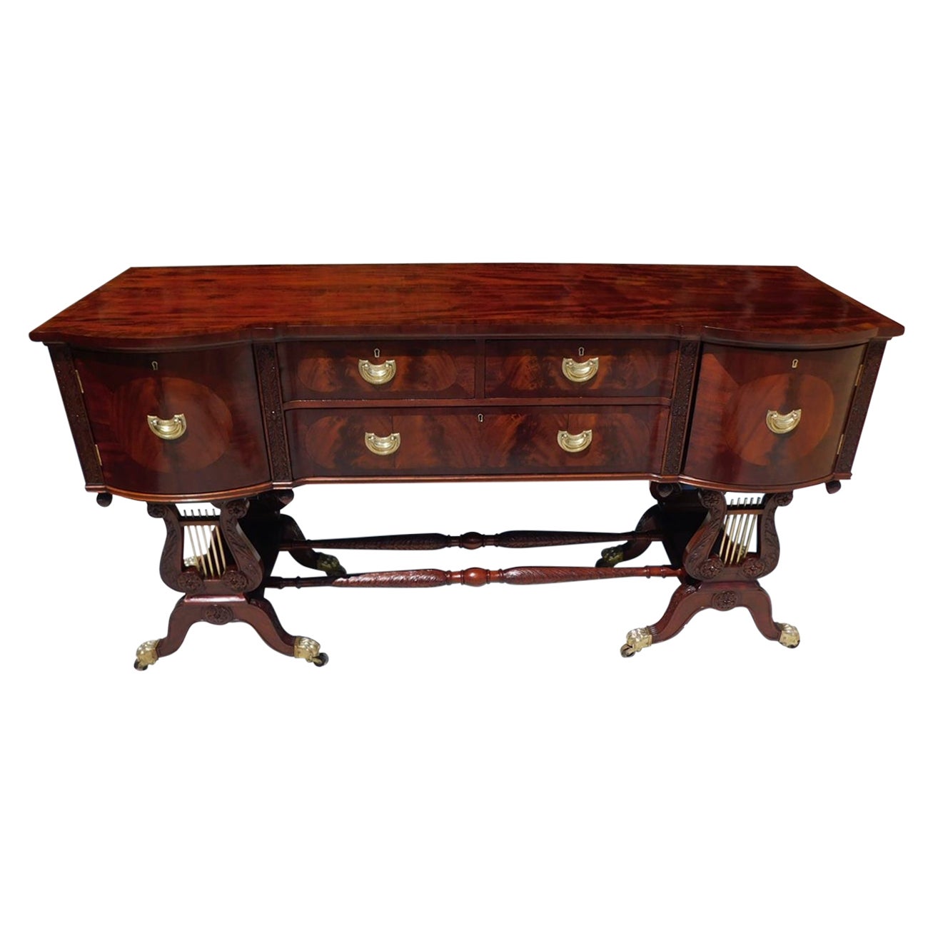 English Regency Mahogany Bow Front Lyre Sideboard on Paw Casters, T. Hope C 1800 For Sale