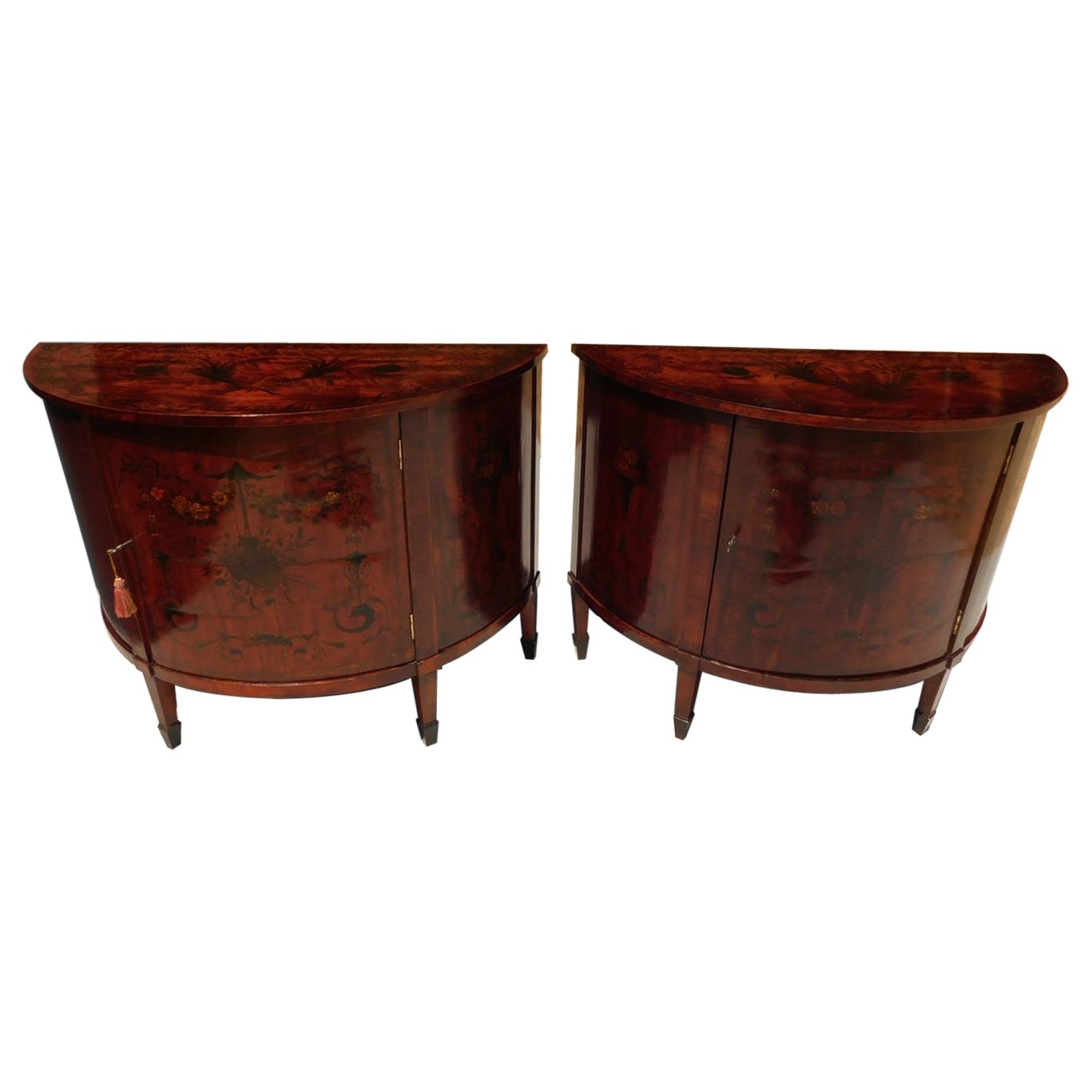 Pair of Italian Satinwood Paint Decorated Demilune Cabinets on Tapered Legs 1820 For Sale