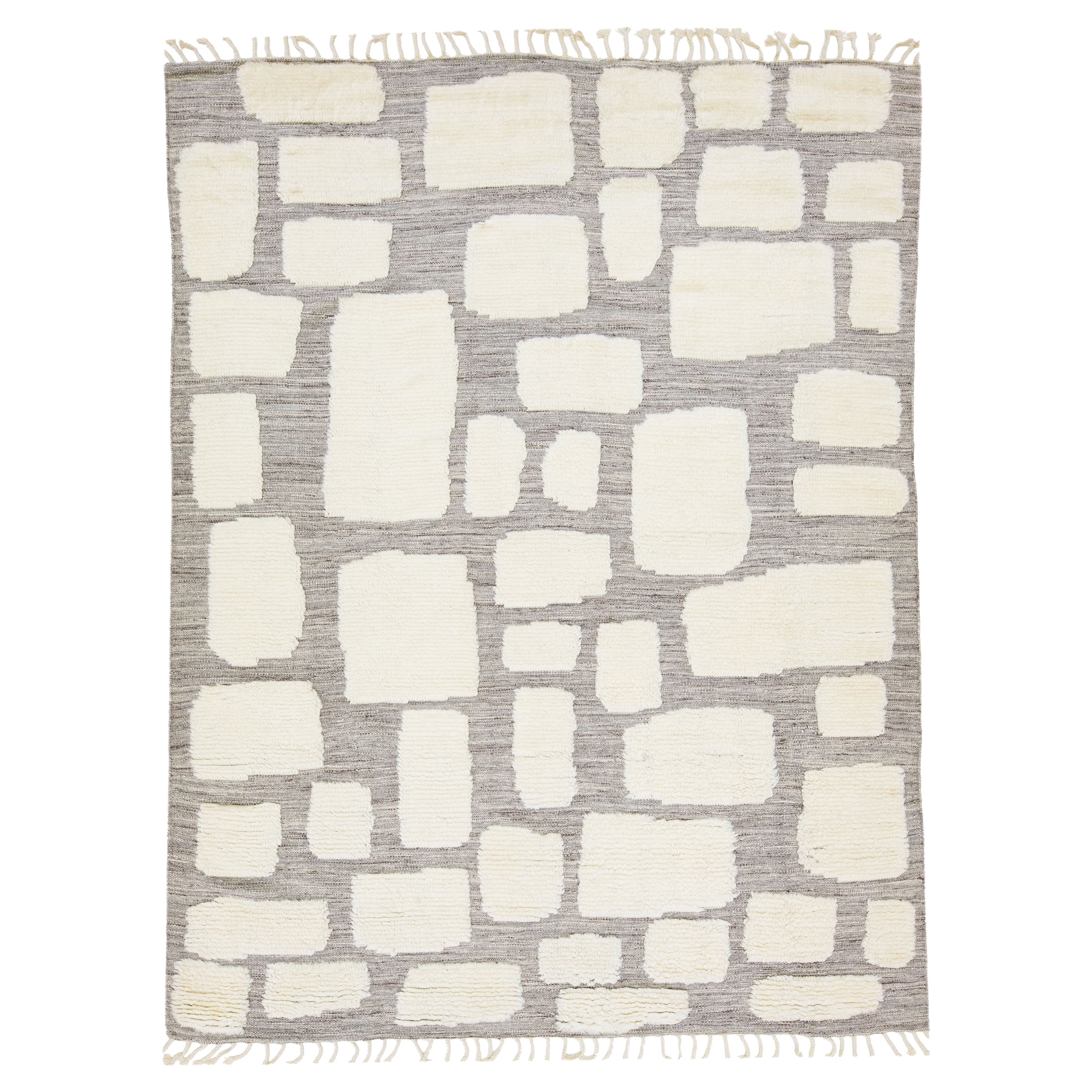 Handmade Moroccan Style Modern Wool Rug with Gray and Ivory Motif 