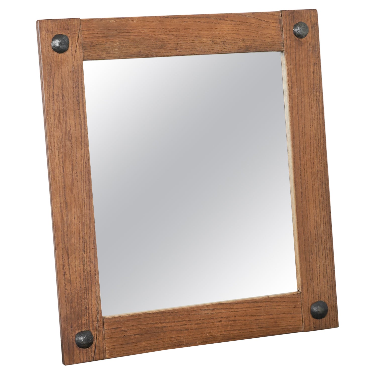 Brutalist Mirror in Solid Oak and Metal 1970s