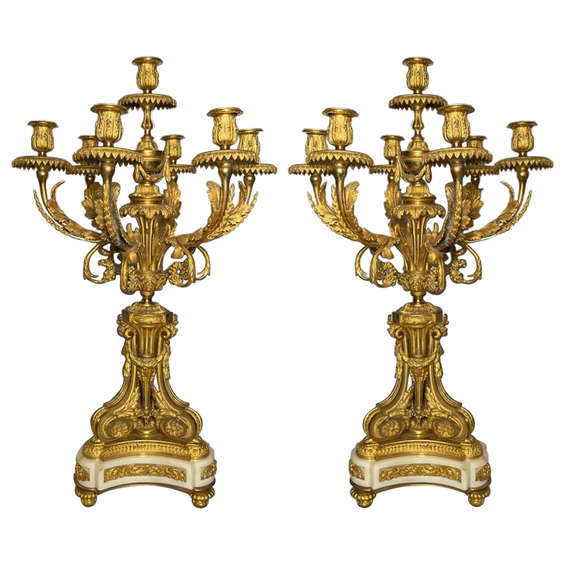 Pair of Antique French Louis XVI Gold-Bronze Carrara Marble Candelabra For Sale