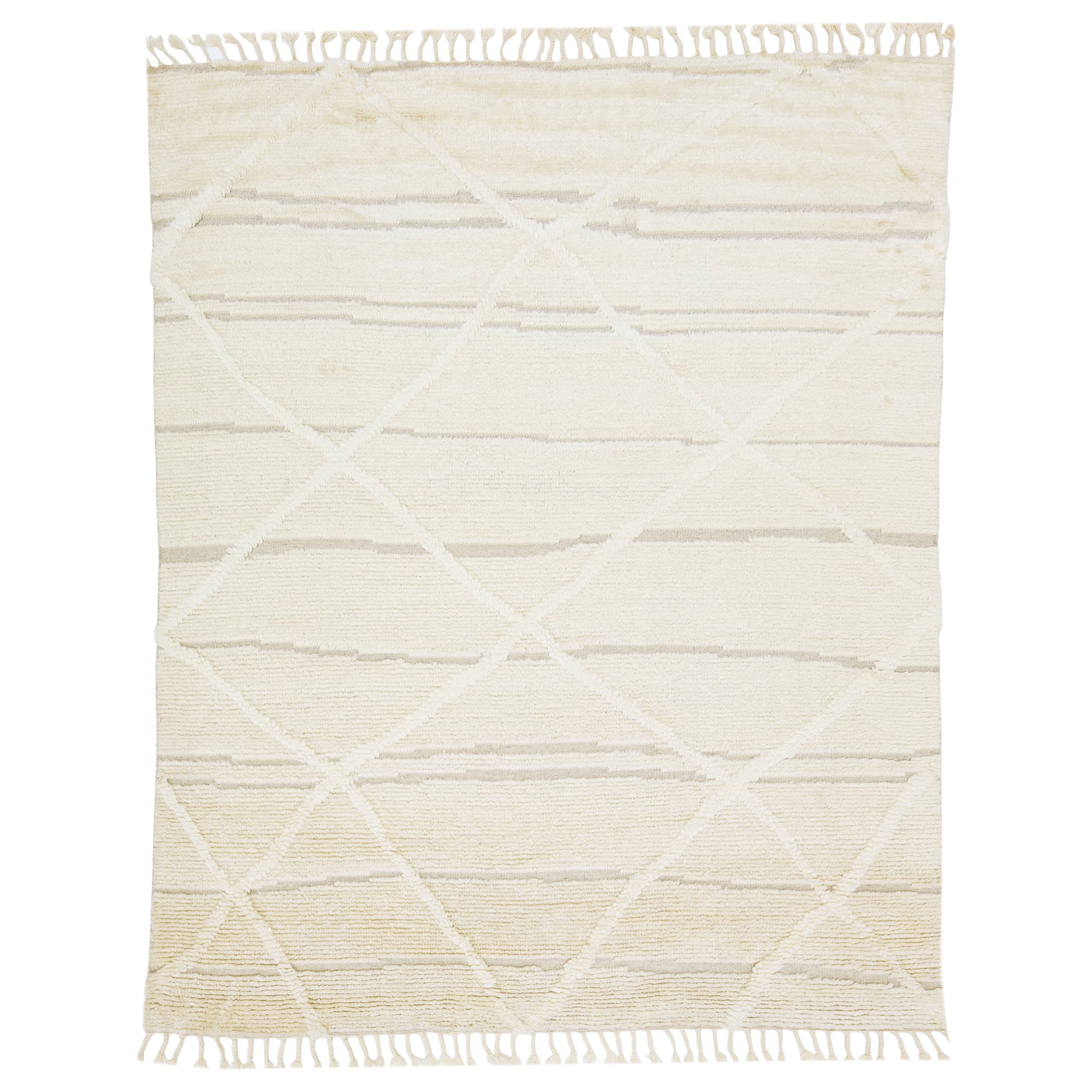 Modern Moroccan Style Wool Rug With Ivory Tribal Pattern