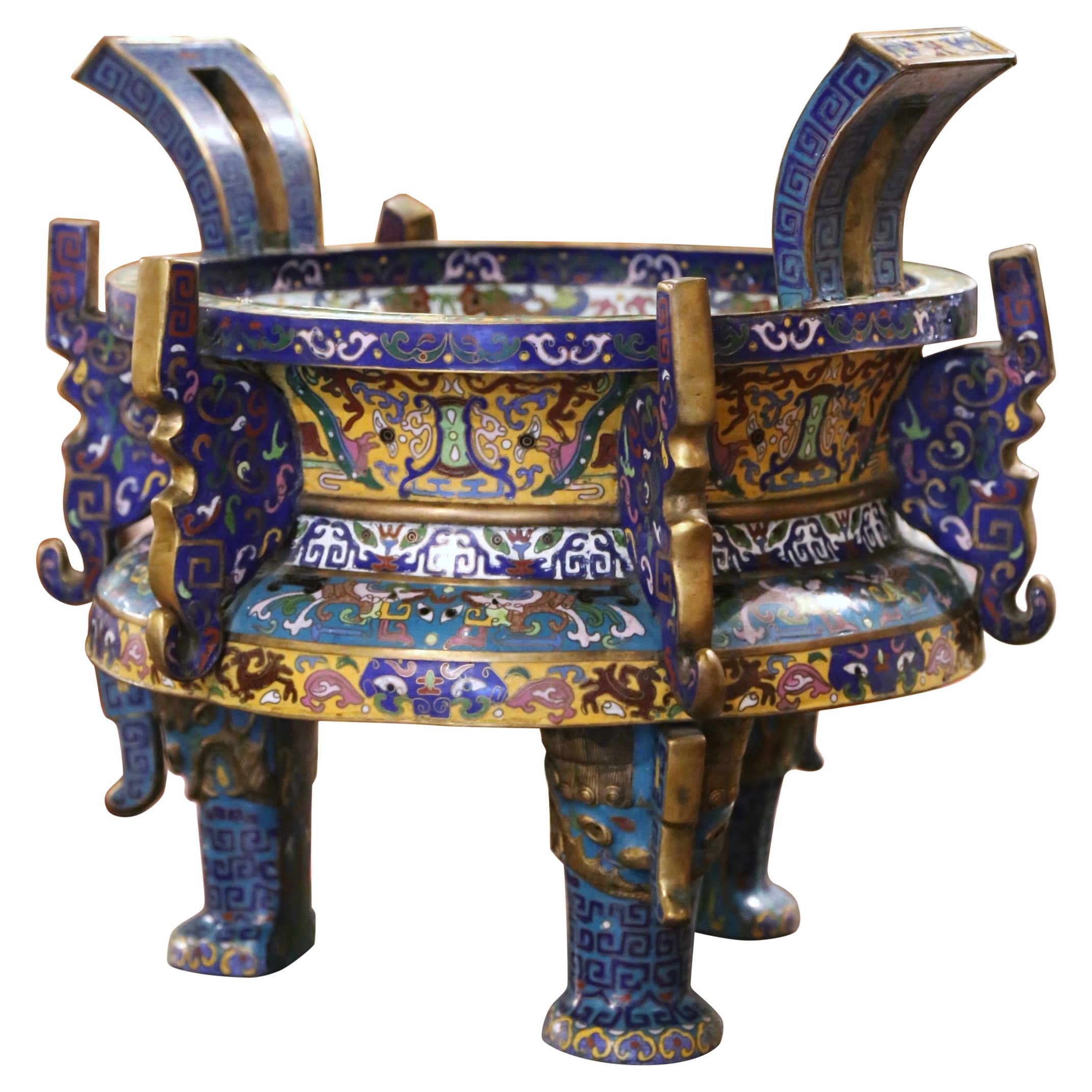 19th Century Chinese Cloisonne Enamel and Brass Planter Cache Pot