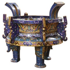 Antique 19th Century Chinese Cloisonne Enamel and Brass Planter Cache Pot