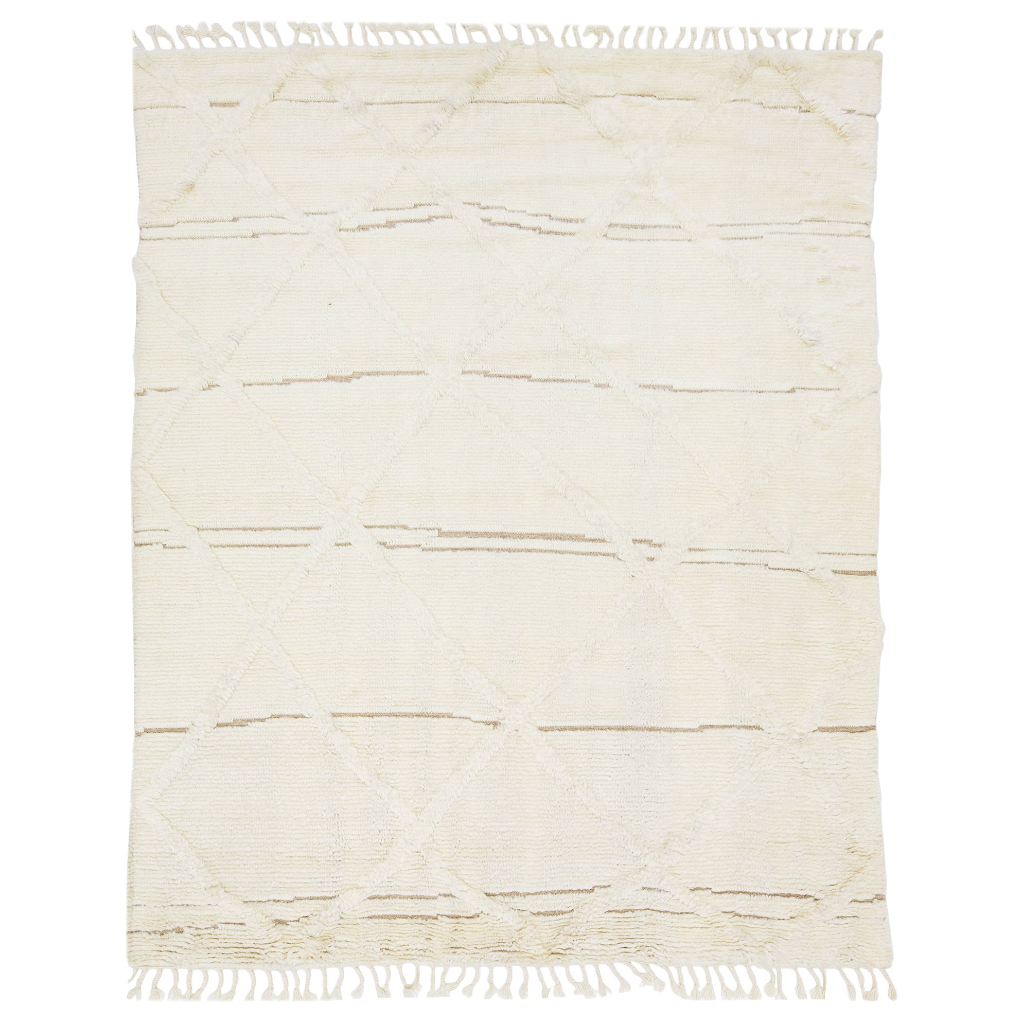 Handmade Modern Moroccan Style Tribal Wool Rug In Ivory And Brown